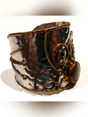 Vintage Hammered Metal Cuff Bracelet with Swirls and Brown Stone